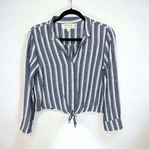Cloth & Stone Anthropologie Linen Cropped Shirt Front Tie Women's XS Blue Stripe
